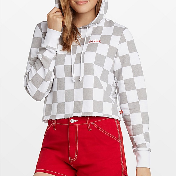 Dickies Tops - NWT DICKIES grey white red checker crop hoodie Sm